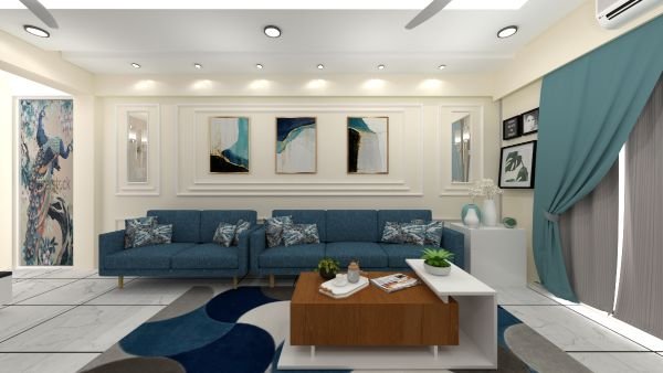 Modern Spacious Living Room Design With Blue Upholstered Sofa - Six ...